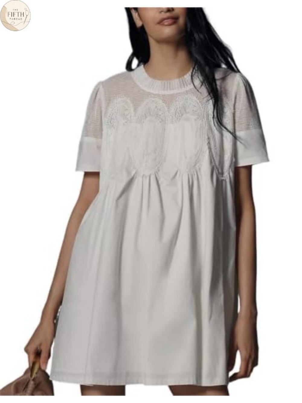 Crochet Lace Mini Dress Round Neck Short Sleeve Sheer Mesh Lace Back
